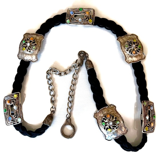 Accessories - Vintage Concho Belt SilverTone Stones Black Braided Adjustable Hip Belt